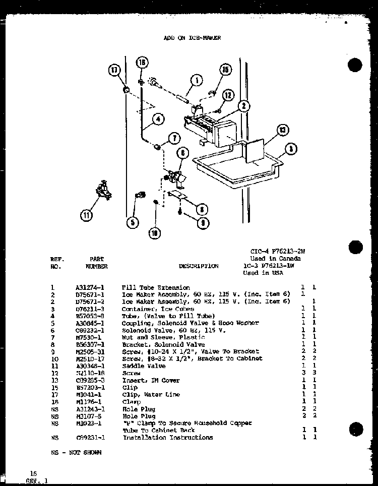 Add On Ice-maker Diagram and Parts List for TL18G-P76512-6W  Amana Refrigerator