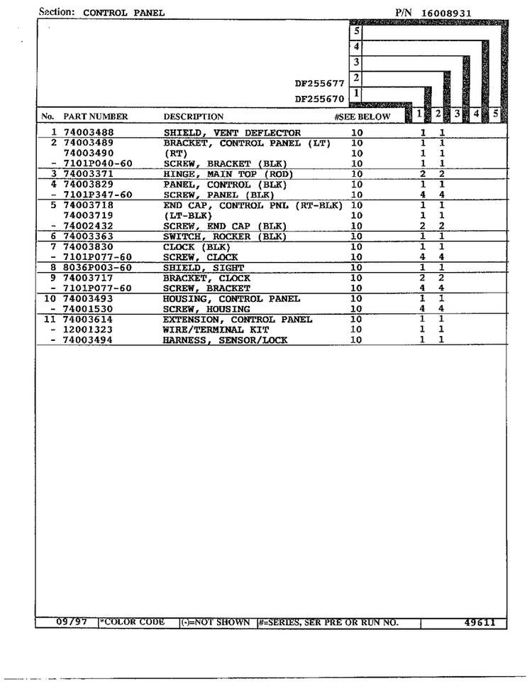 Control Panel Page 2 Diagram and Parts List for DF255670  Magic Chef Range