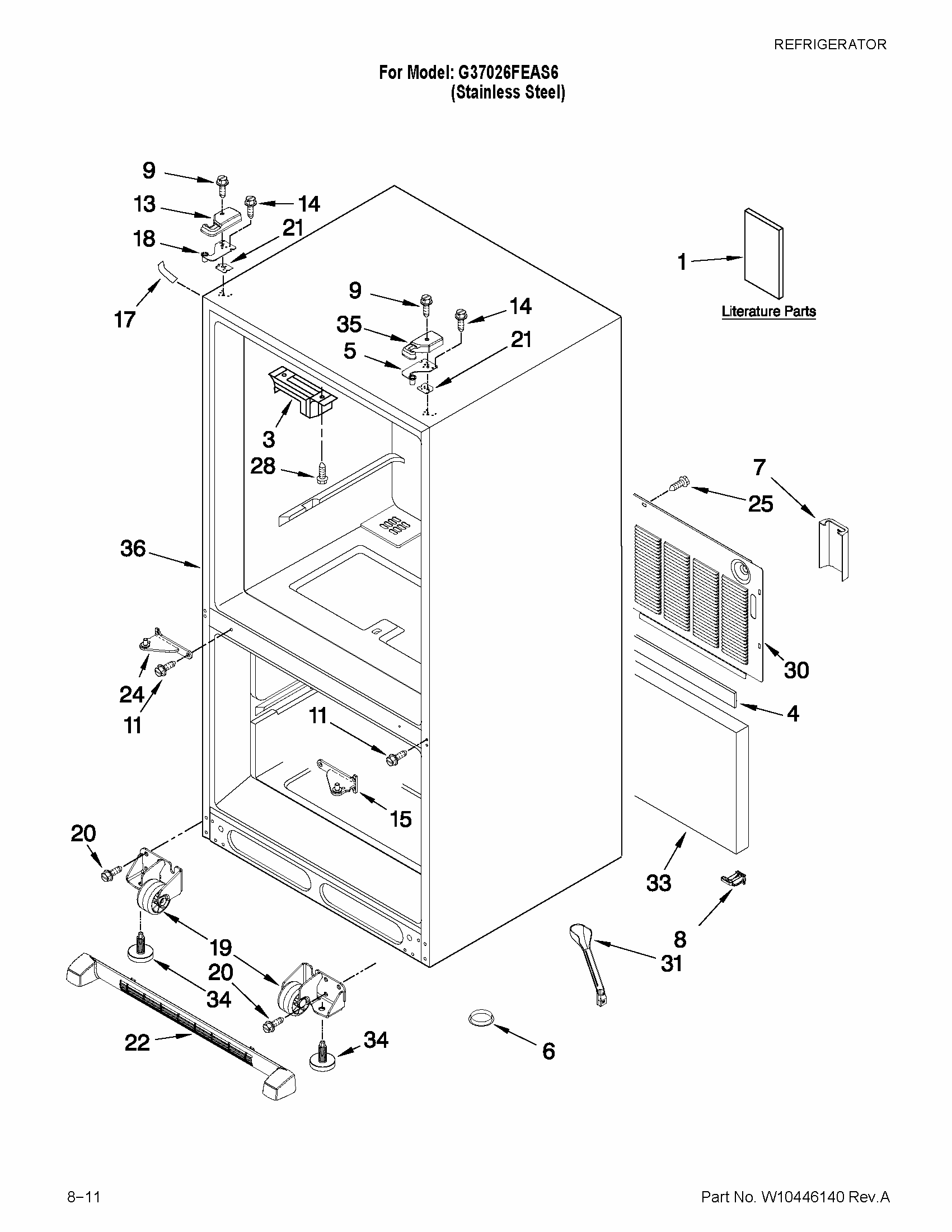 Cabinet Parts Diagram and Parts List for G37026FEAS6  Maytag Refrigerator