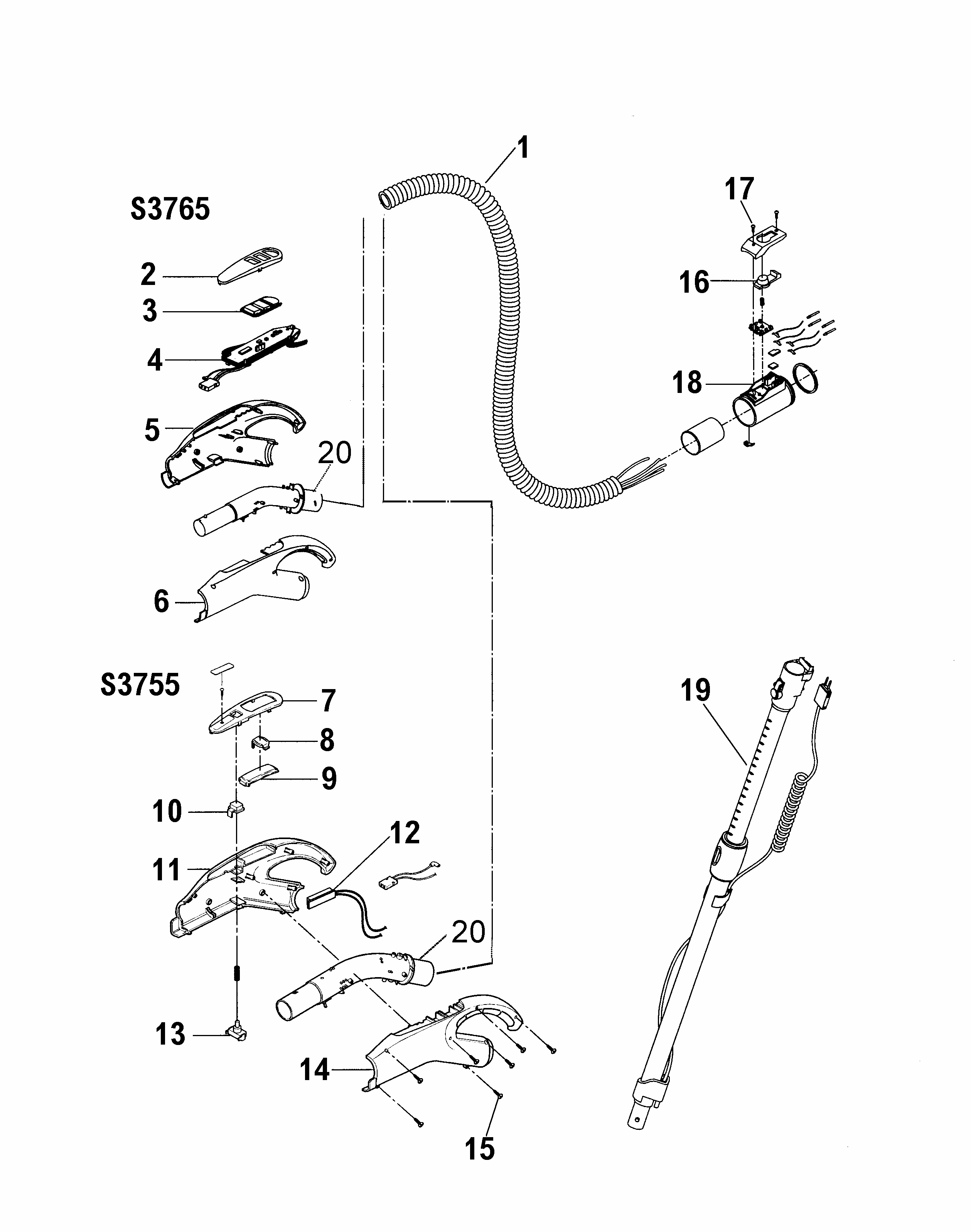 Hose Diagram and Parts List for S3755-080  Hoover Canister Vacuum