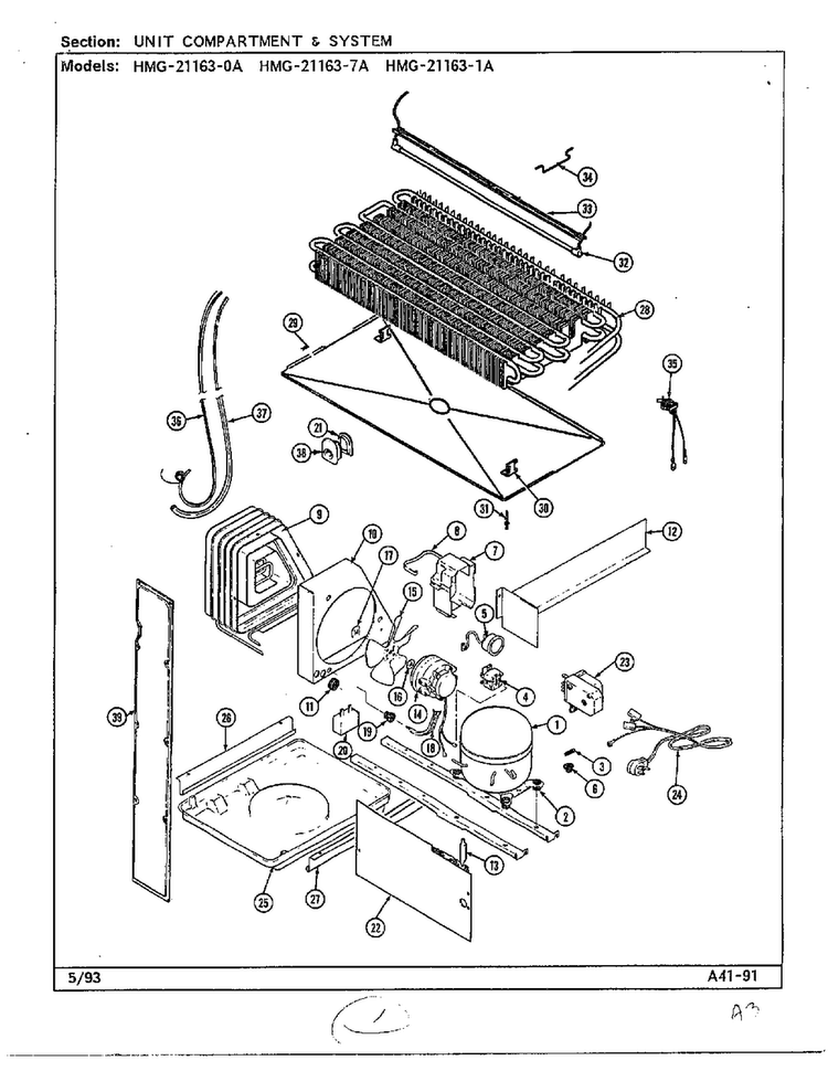 Unit Compartment And System Diagram and Parts List for 21163-0A  Admiral Refrigerator