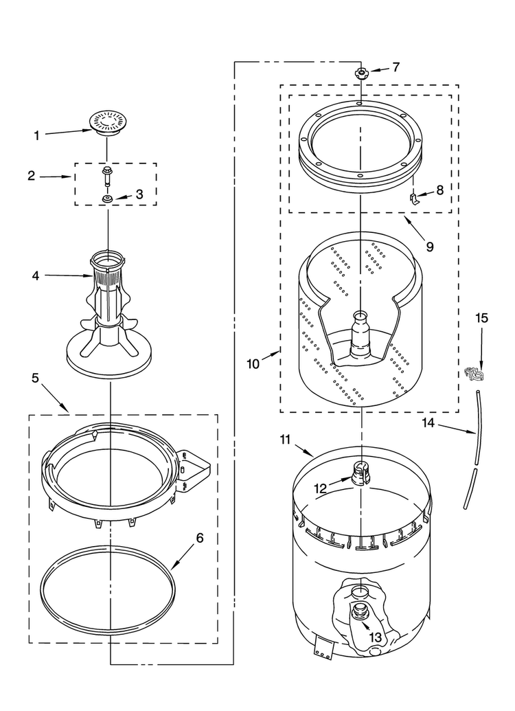 Agitator, Basket And Tub Parts Diagram and Parts List for NTW5100TQ1  Amana Washer