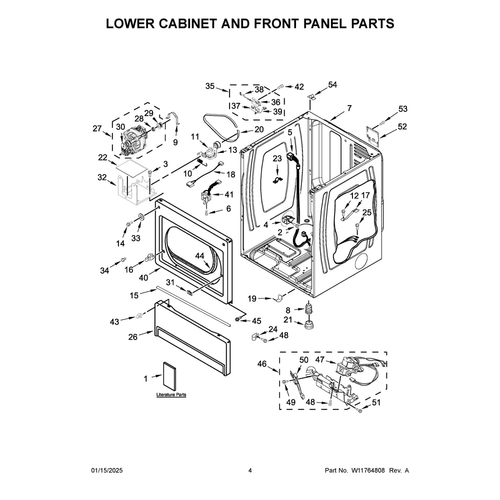 Lower Cabinet And Front Panel Parts Diagram and Parts List for MLG27PRFWW0  Maytag Dryer