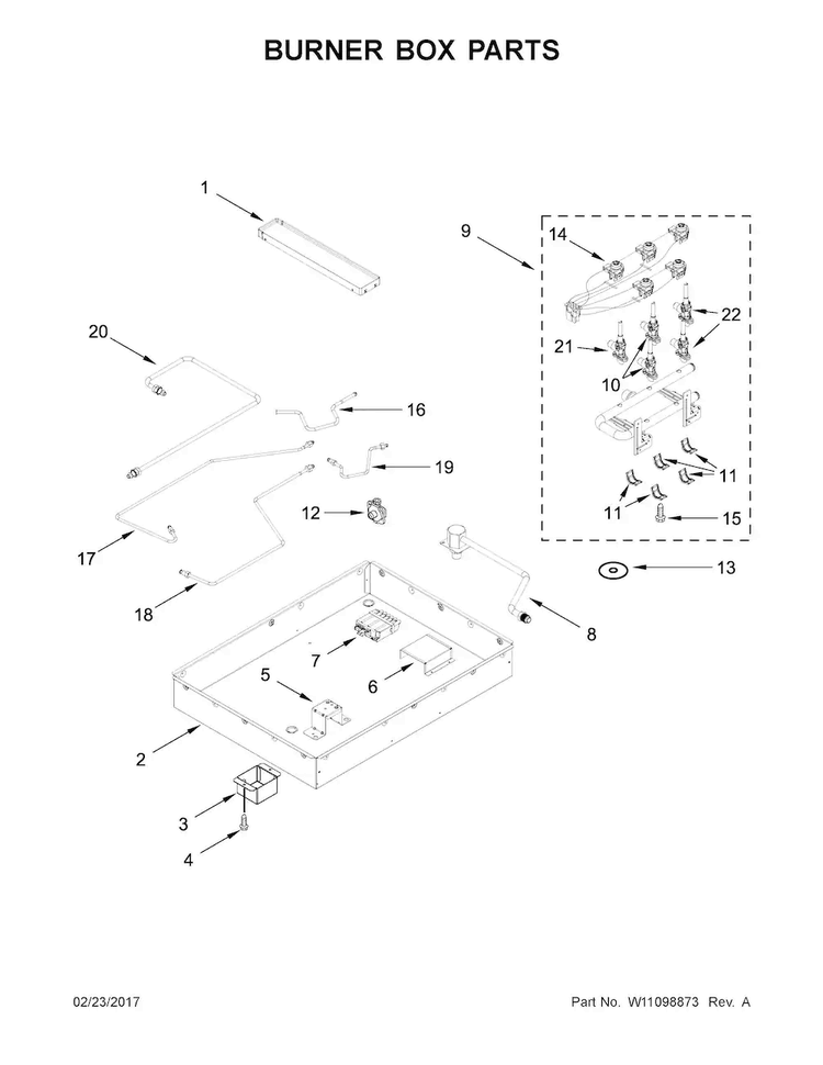 Burner Box Parts Diagram and Parts List for JGD3536GS00  Jenn-Air Cooktop