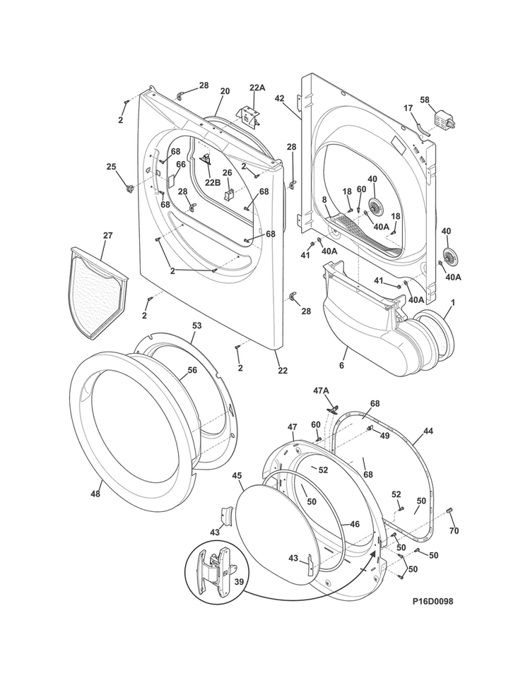 Front Panel/lint Filter Diagram and Parts List for CDE7300RW0  Crosley Dryer