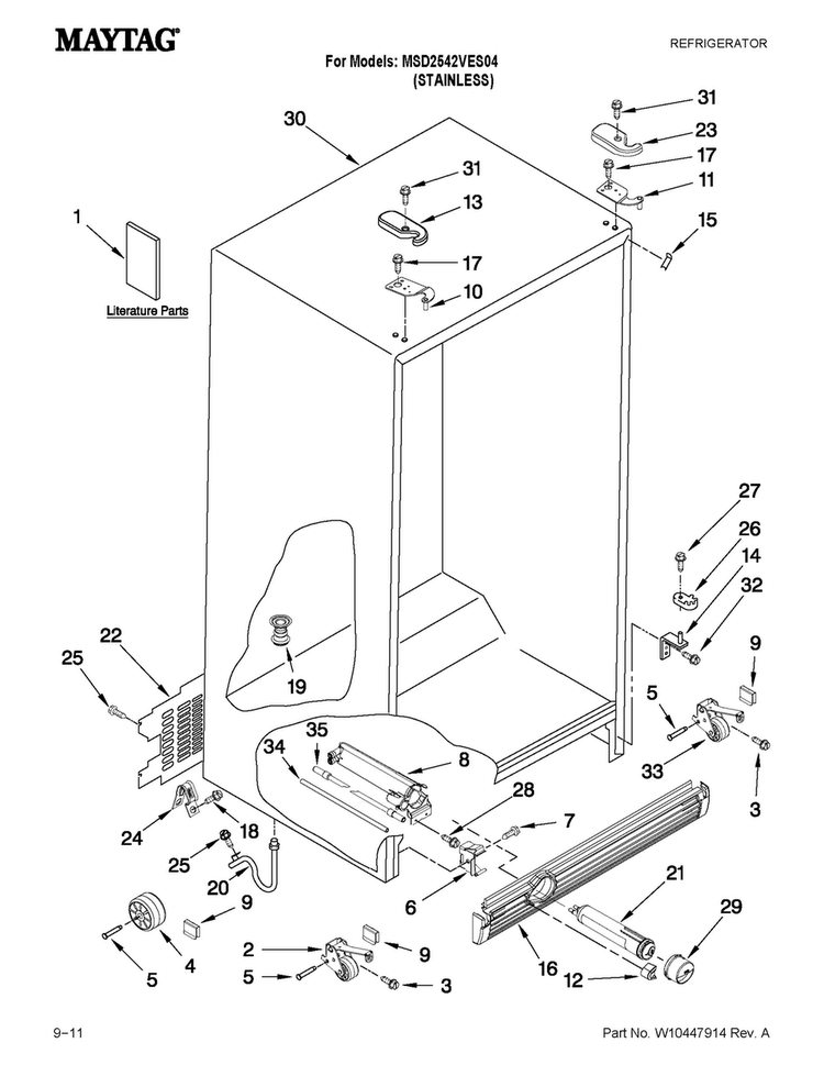 Cabinet Parts Diagram and Parts List for MSD2542VES04  Maytag Refrigerator