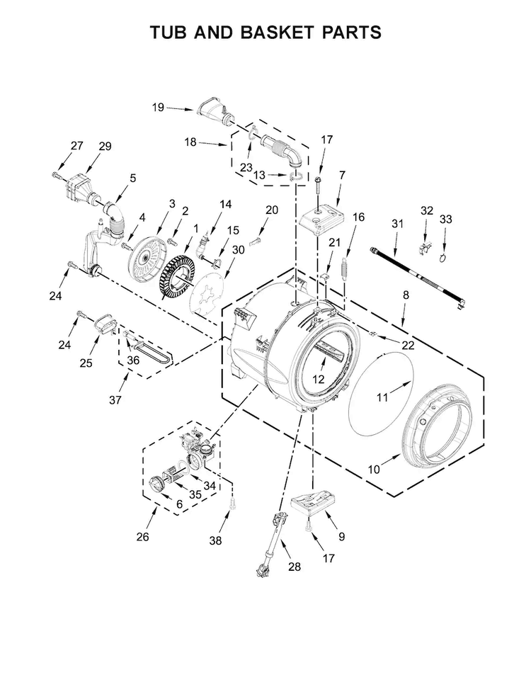 Tub And Basket Parts Diagram and Parts List for MHW5100DW0  Maytag Washer