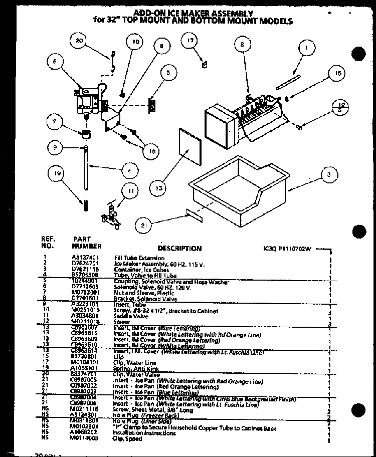 Add-on Ice Maker Assembly Diagram and Parts List for BR20QBW-P1125509WW  Amana Refrigerator