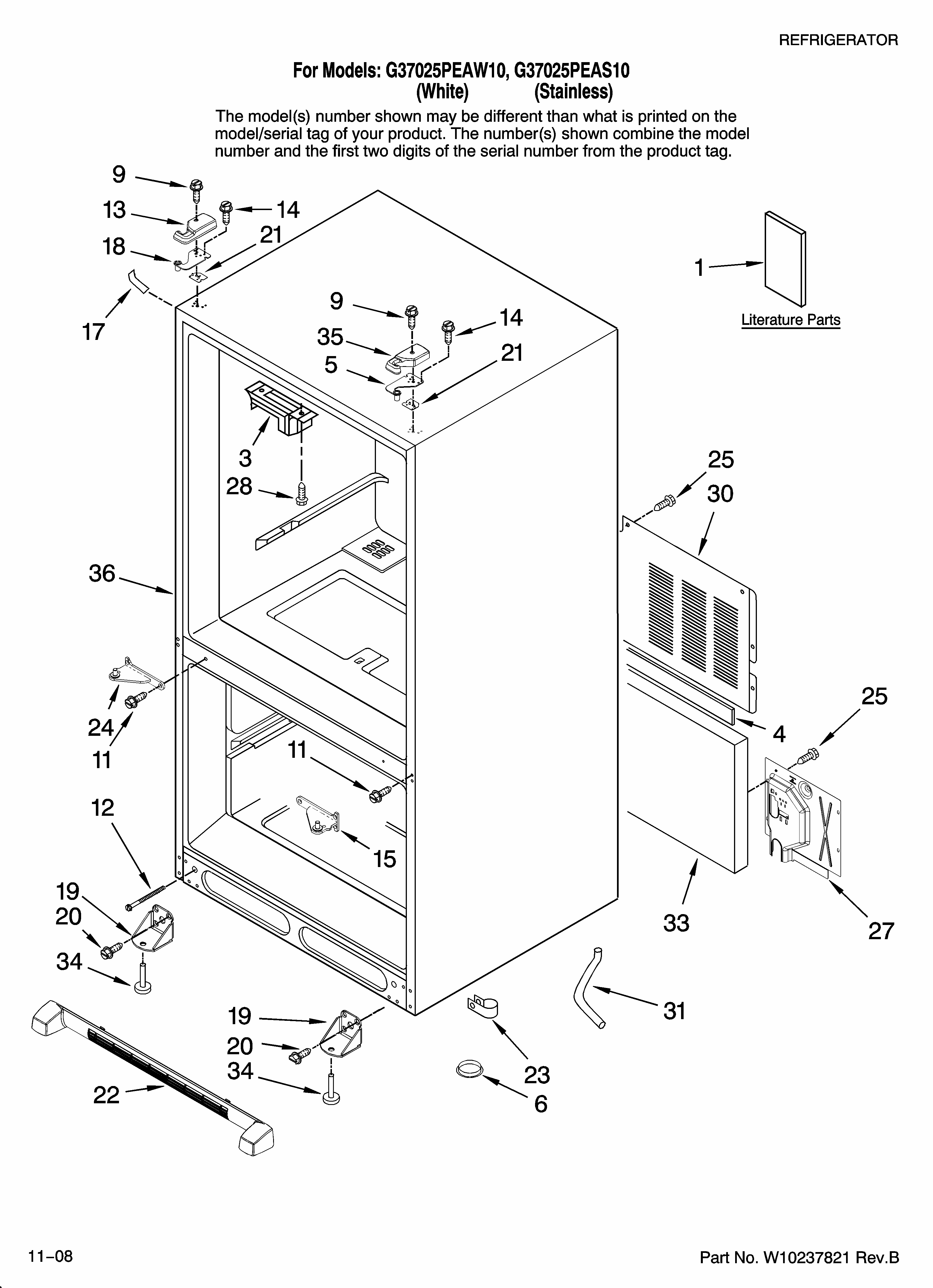 Cabinet Parts Diagram and Parts List for G37025PEAW10  Maytag Refrigerator