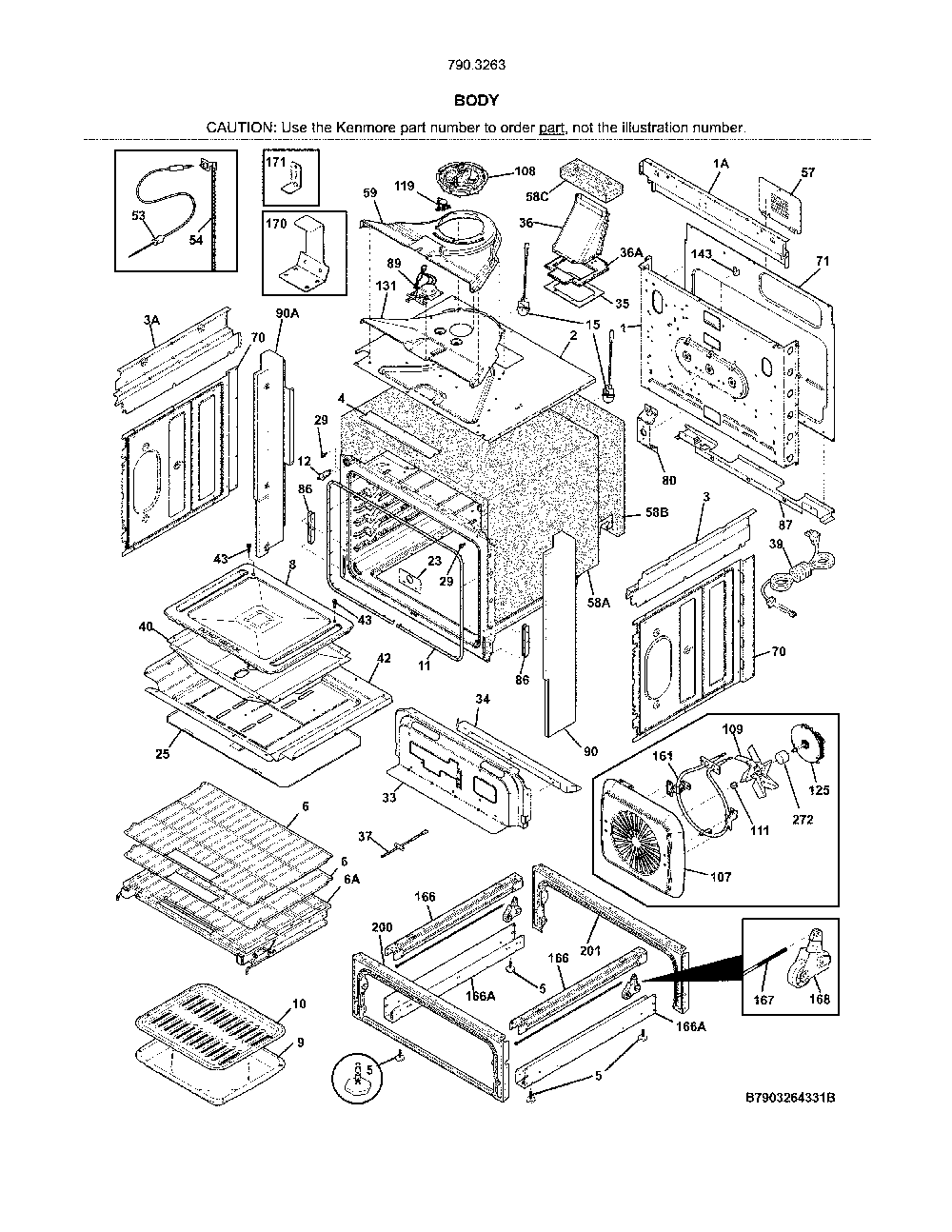 Body Diagram and Parts List for 7903263931B  Kenmore Range