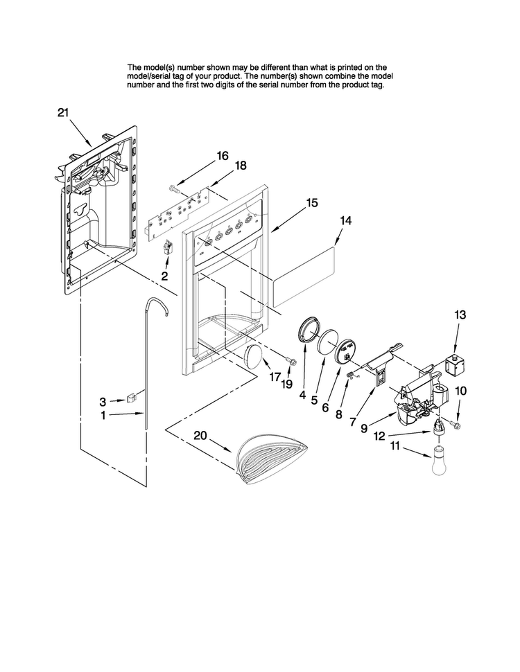 Dispenser Front Parts Diagram and Parts List for JC2225GEKB13  Jenn-Air Refrigerator