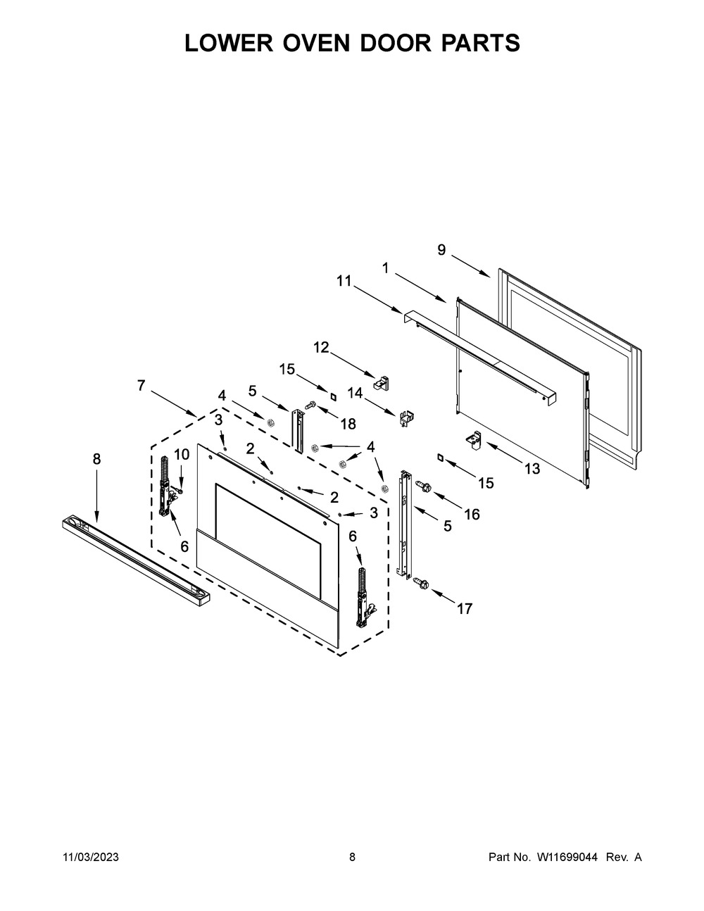 Lower Oven Door Parts Diagram and Parts List for JJW2830LM01  Jenn-Air Wall Oven