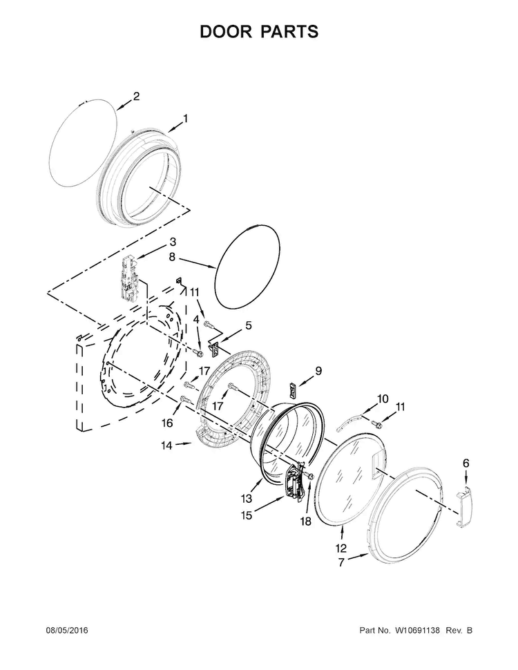 Door Parts Diagram and Parts List for MHN33PRCWW0  Maytag Washer