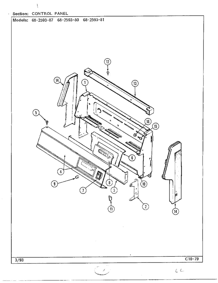 Control Panel Diagram and Parts List for 68-2593-81  Magic Chef Range