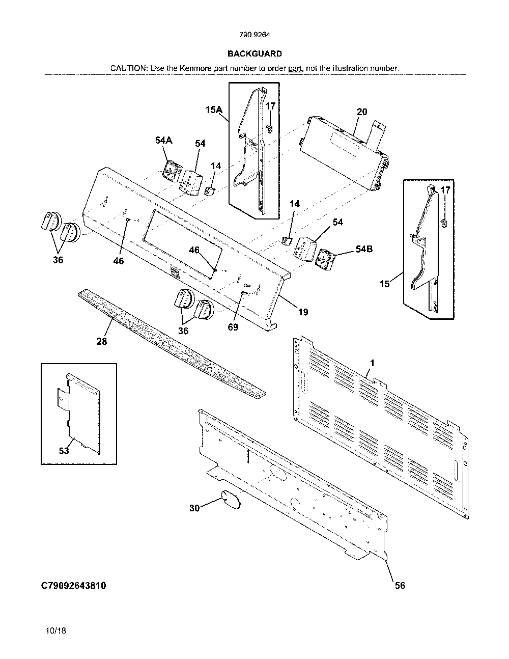Backguard Diagram and Parts List for 79092643810  Kenmore Range