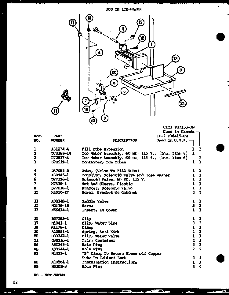 Add On Ice-maker Diagram and Parts List for SRI22GG-P7745511WG  Amana Refrigerator