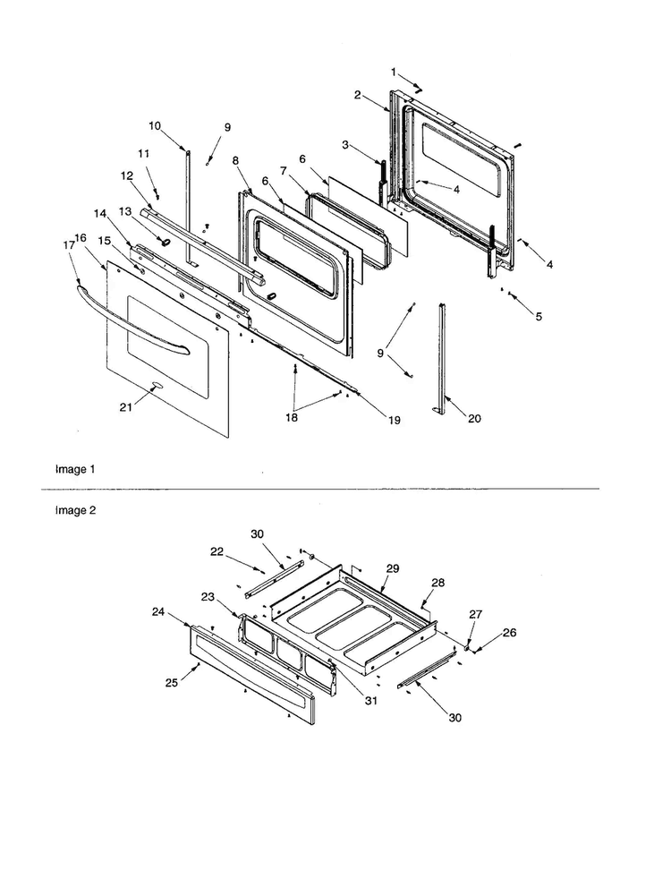 Oven Door And Storage Drawer Diagram and Parts List for ACF3335AW-PACF3334AW1  Amana Range