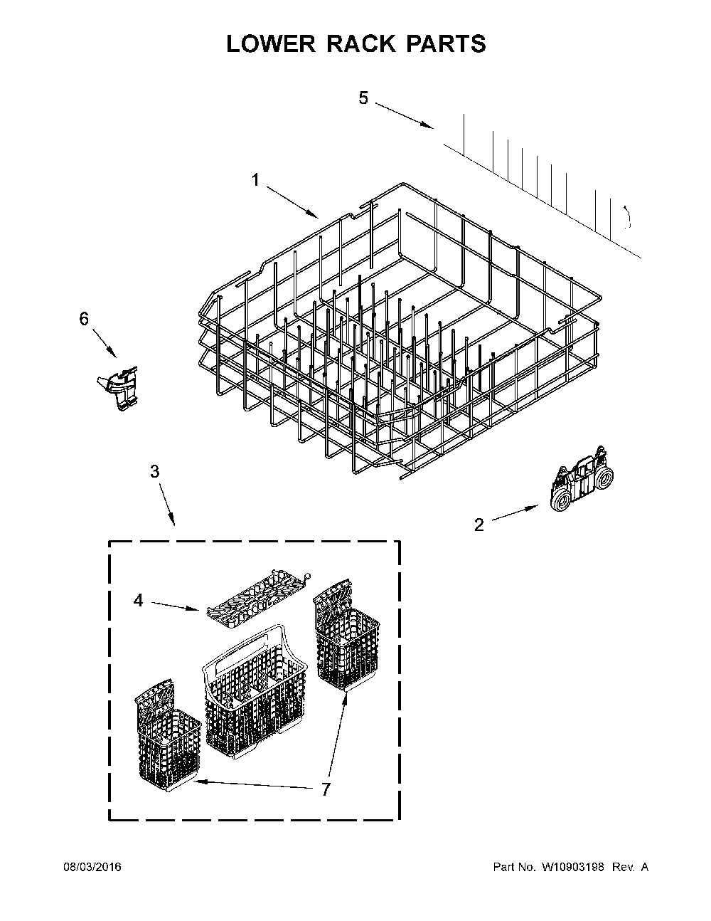 Lower Rack Parts Diagram and Parts List for 66514703N511  Kenmore Dishwasher