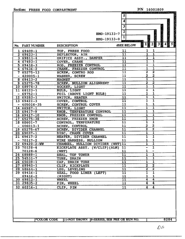 Fresh Food Compartment Page 2 Diagram and Parts List for 19133-0A  Admiral Refrigerator