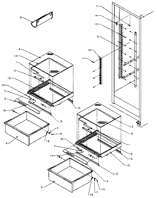 Refrigerator Shelving And Drawers Diagram and Parts List for SXD27N-P1162411W  Amana Refrigerator