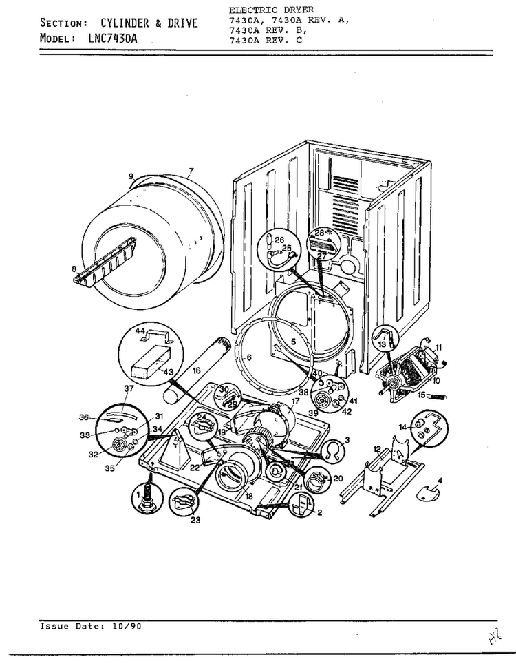 Cylinder And Drive Diagram and Parts List for 7430A REV D Norge Dryer