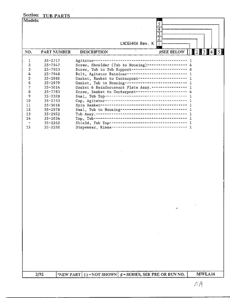 Tub Parts Page 2 Diagram and Parts List for 6540A REV K Norge Washer