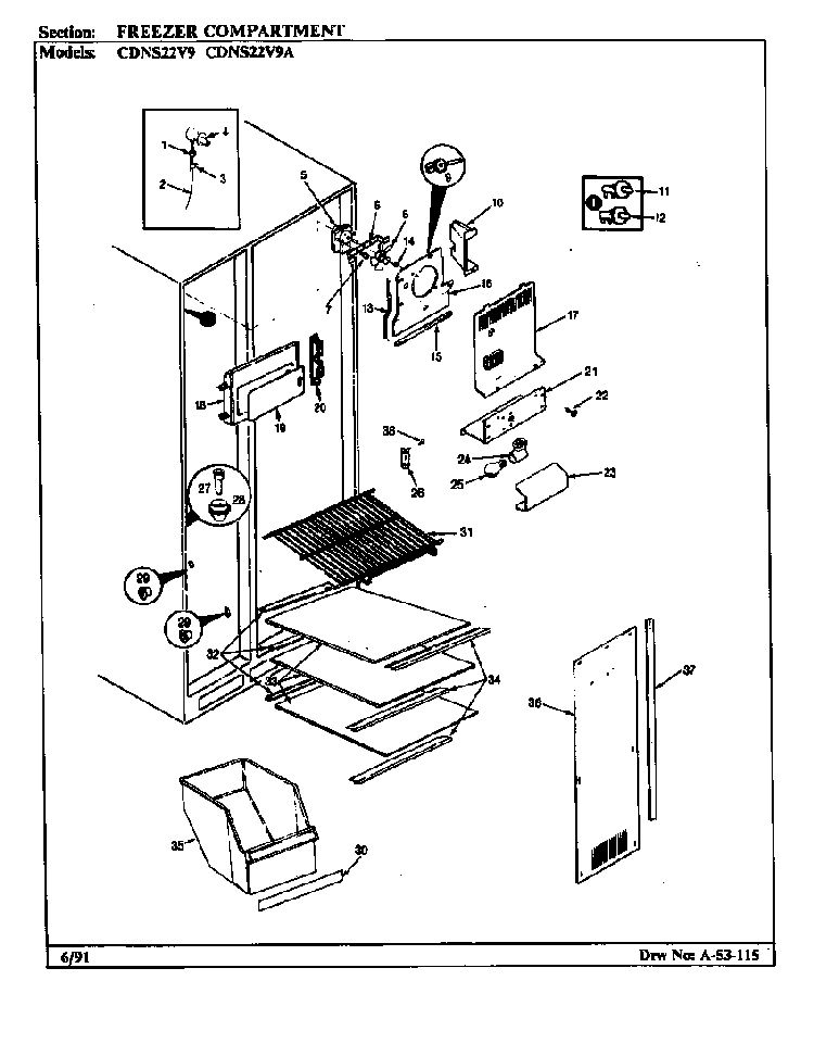 Freezer Compartment Diagram and Parts List for CDNS22V9A BR35E Maytag Refrigerator