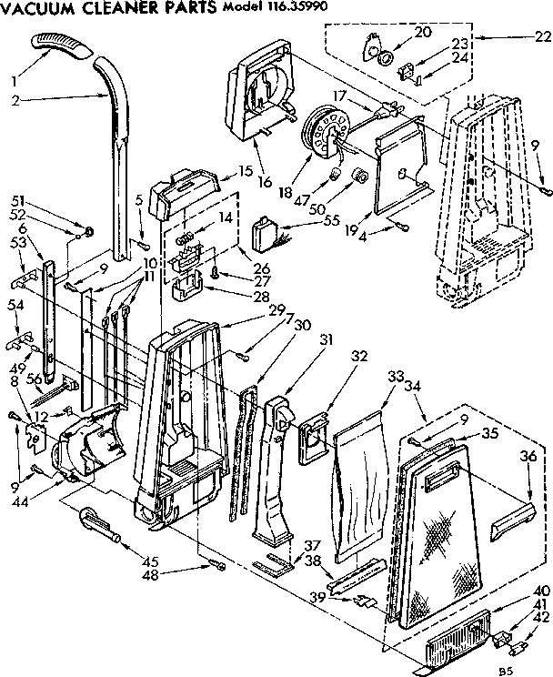 Handle And Bag Housing Diagram and Parts List for 11635990  Kenmore Upright Vacuum