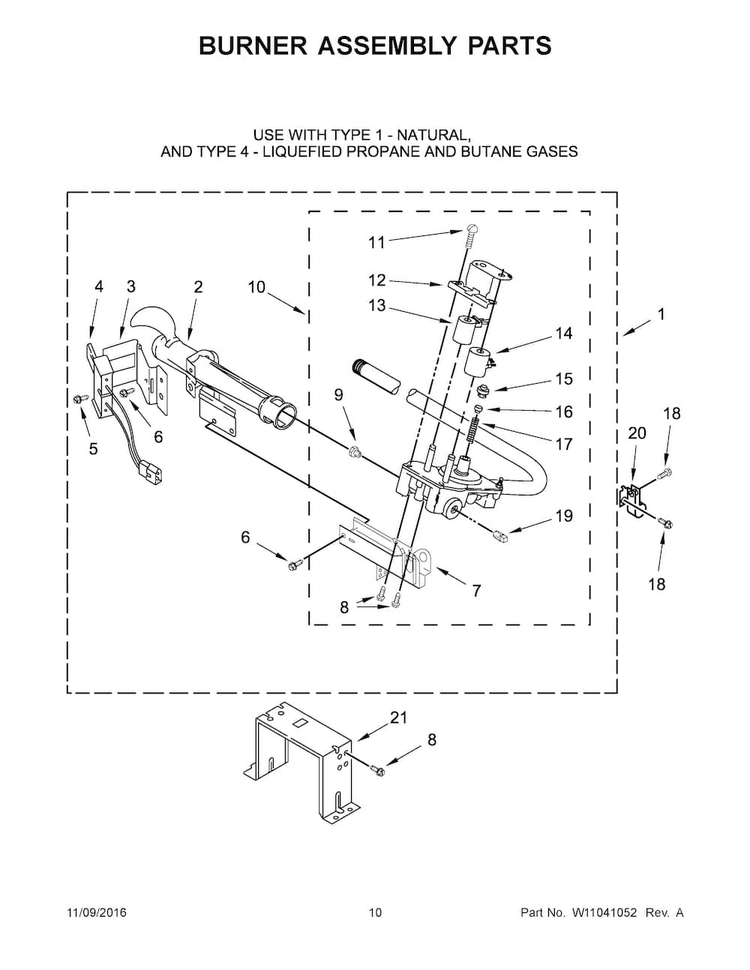 Burner Assembly Parts Diagram and Parts List for MGDB835DC3  Maytag Dryer