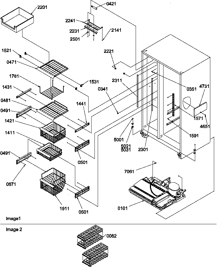 Freezer Shelves And Light Diagram and Parts List for SB520SW-P1185003WW  Amana Refrigerator