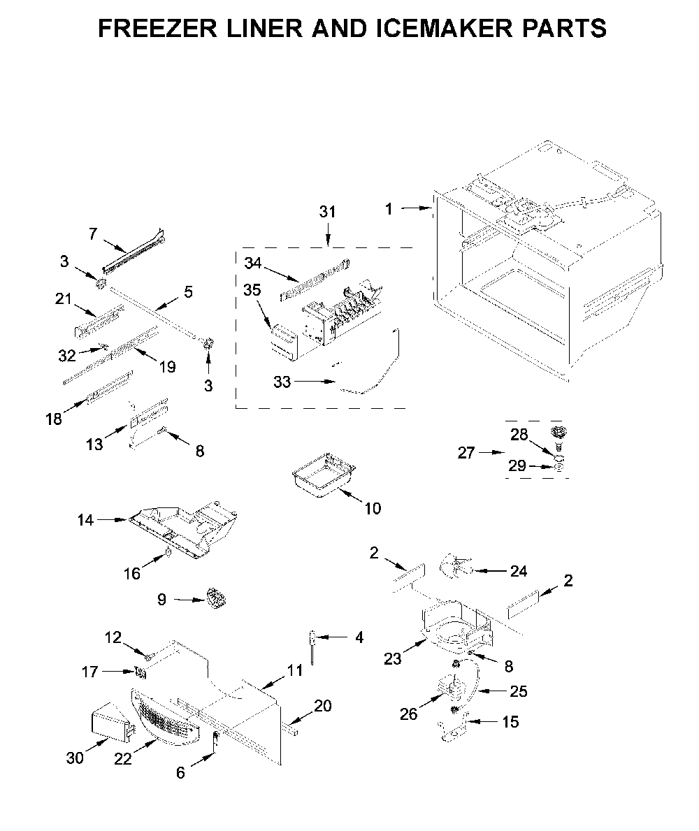 Freezer liner and icemaker parts Diagram and Parts List for 59679313511  Amana Refrigerator