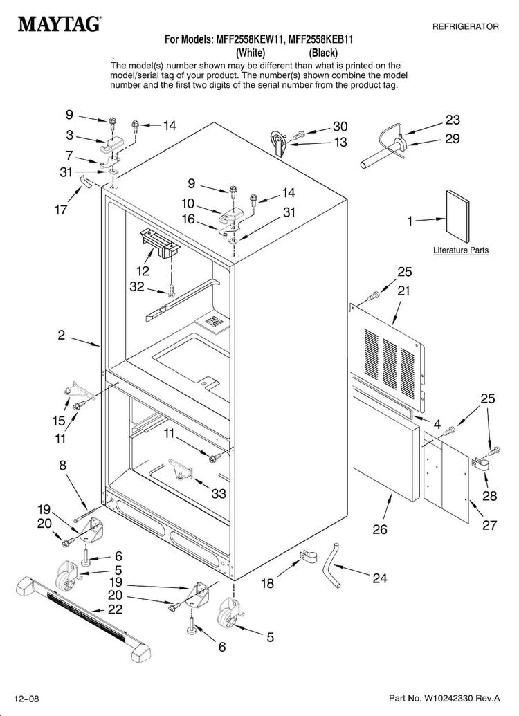 Cabinet Parts Diagram and Parts List for MFF2558KEB11  Maytag Refrigerator
