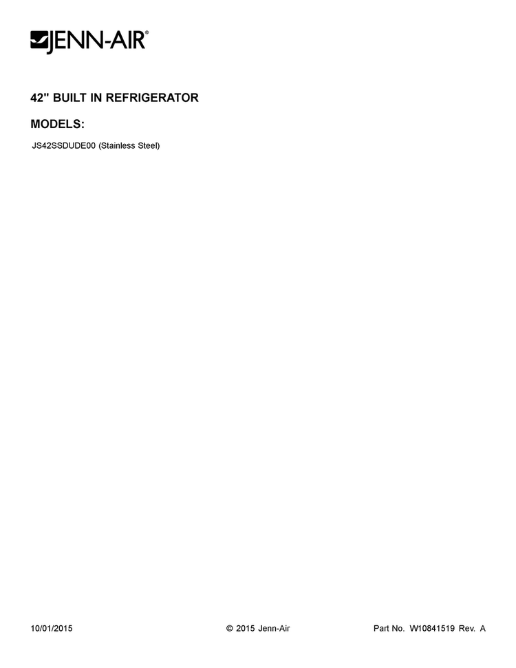 Cover Sheet Diagram and Parts List for JS42SSDUDE00  Jenn-Air Refrigerator