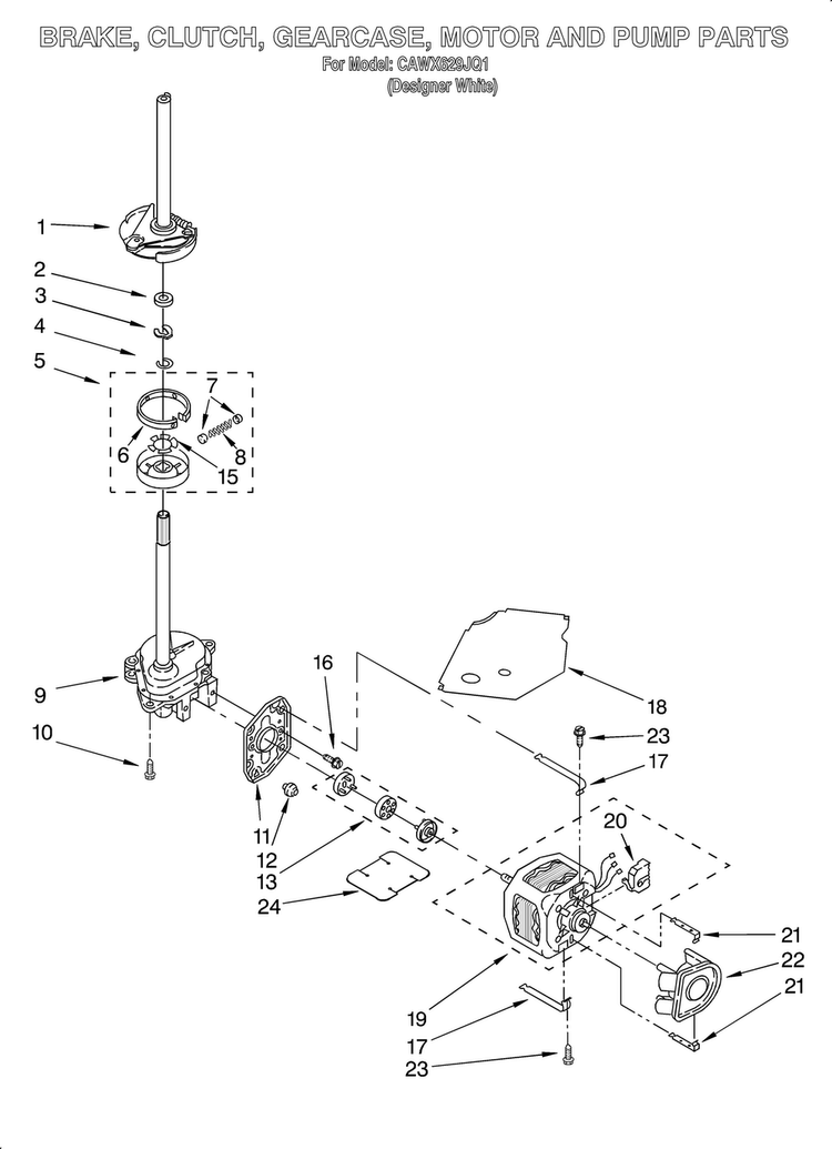 Brake, Clutch, Gearcase, Motor And Pump Diagram and Parts List for CAWX629JQ1  Crosley Washer