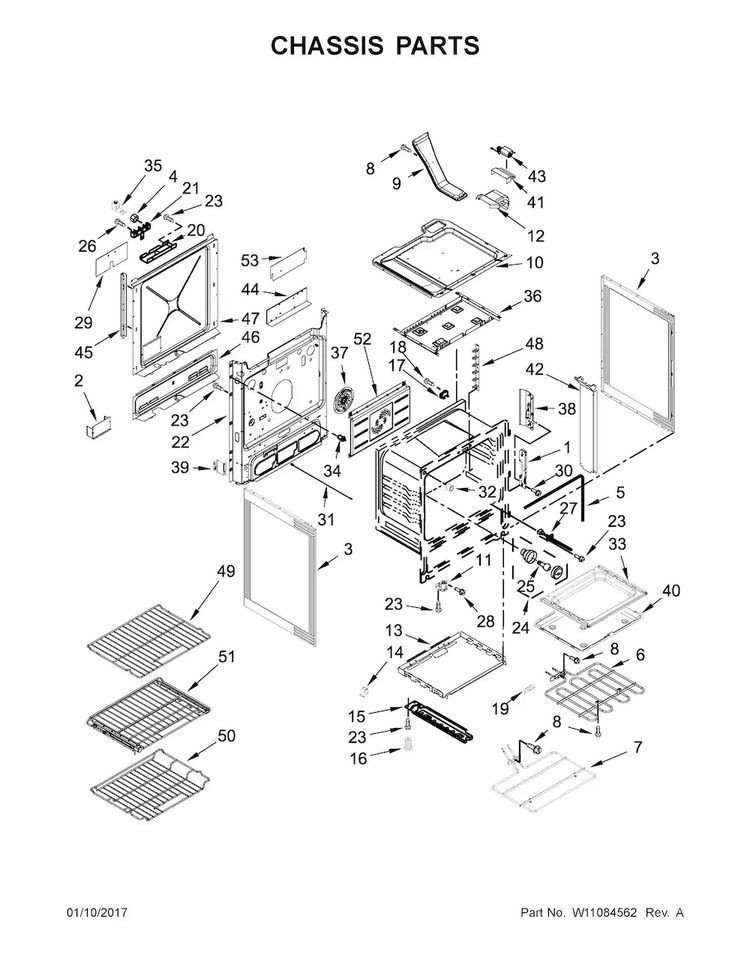 Chassis Parts Diagram and Parts List for JDS1450DP1  Jenn-Air Range