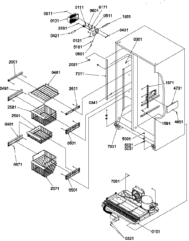 Freezer Shelves And Lights Diagram and Parts List for SRD325S5W-P1199402WW  Amana Refrigerator