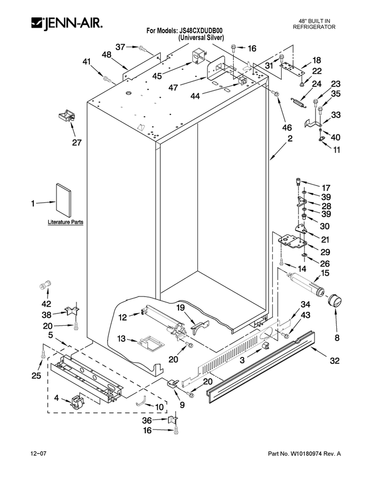 Cabinet Parts Diagram and Parts List for JS48CXDUDB00  Jenn-Air Refrigerator