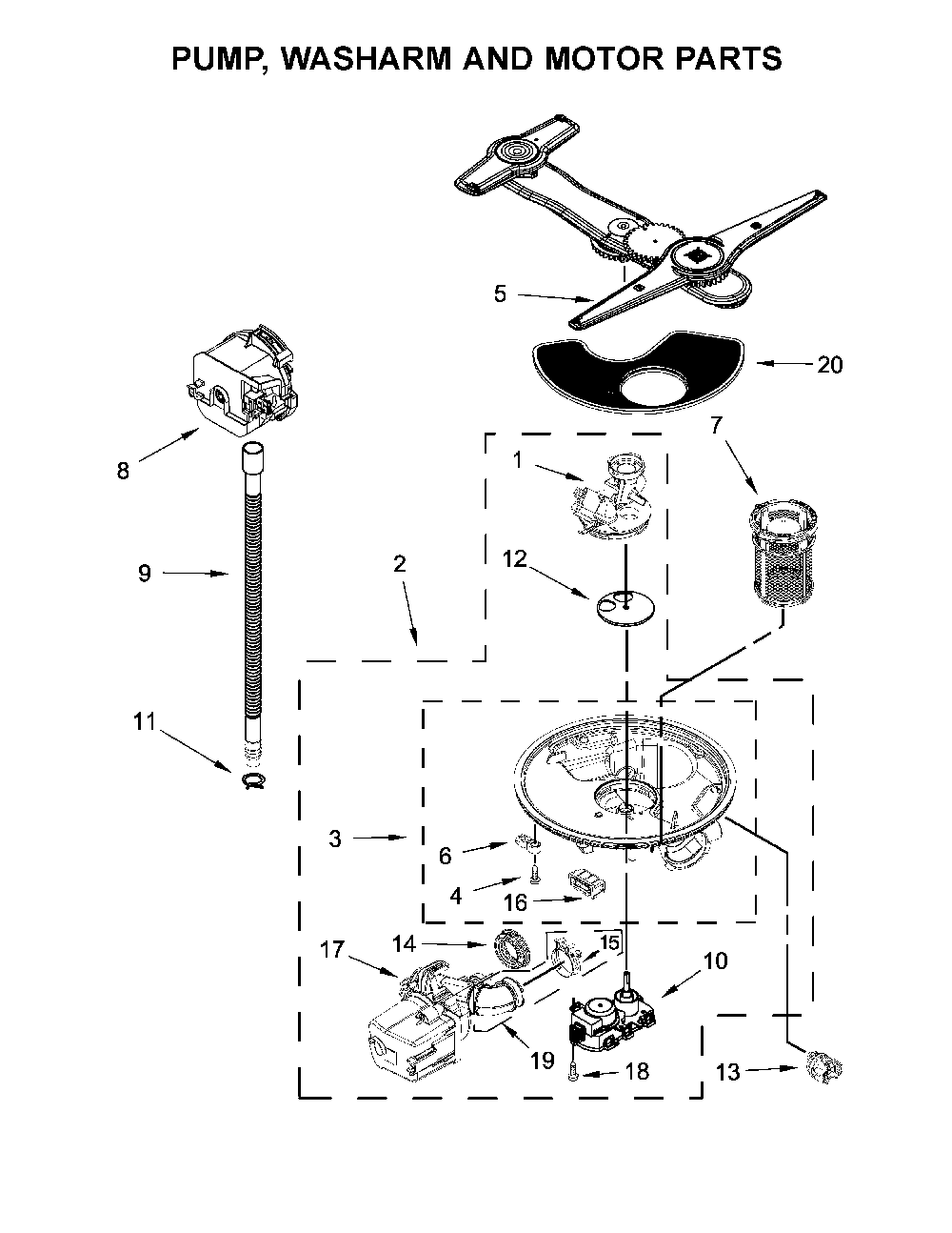Pump, Washarm And Motor Parts Diagram and Parts List for 66514703N512  Kenmore Dishwasher
