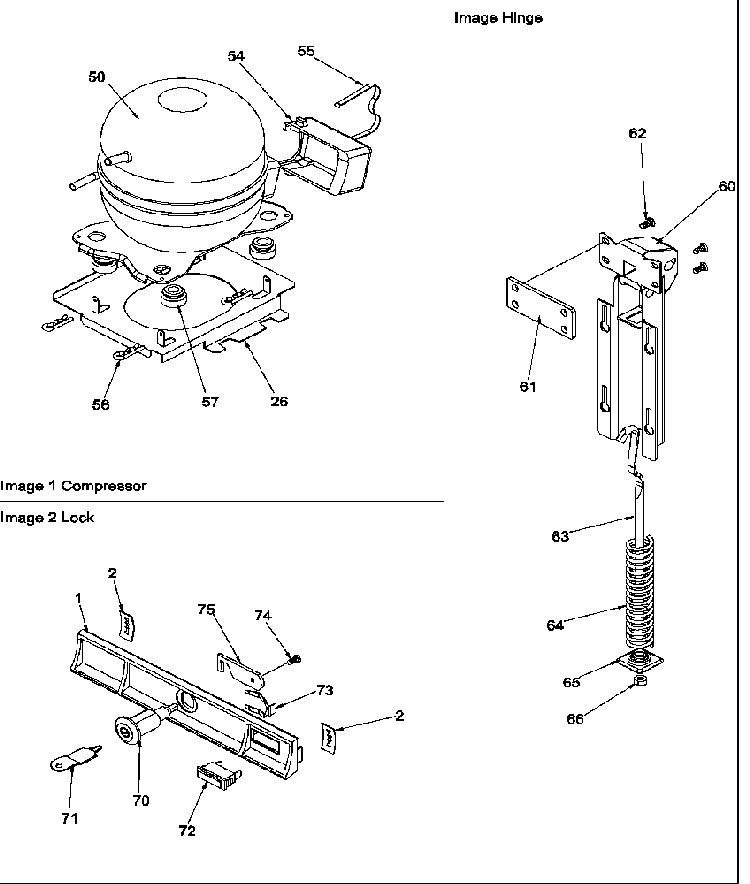 Compressor, Hinge & Lock Diagram and Parts List for AC101KW-P1317802WW  Amana Freezer