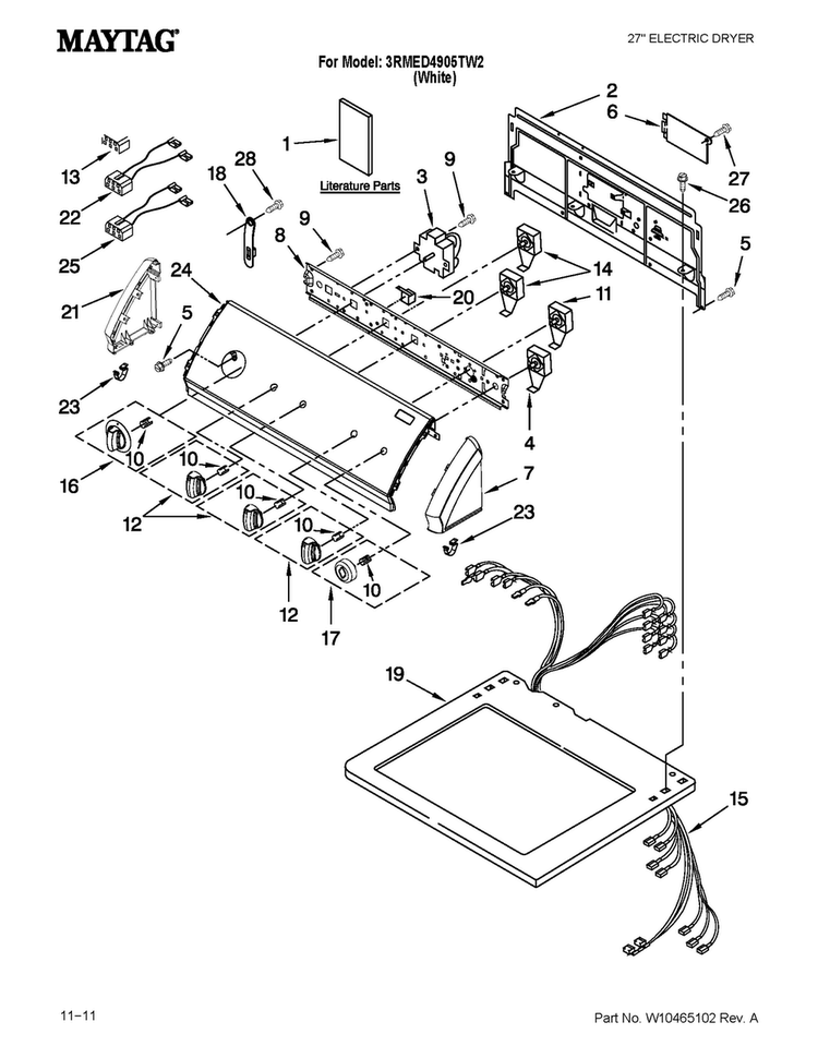 Top And Console Parts Diagram and Parts List for 3RMED4905TW2  Maytag Dryer