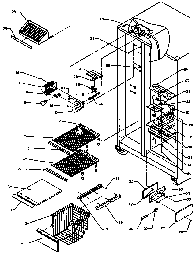 Freezer Shelving Diagram and Parts List for SXD25A-P1162436W  Amana Refrigerator
