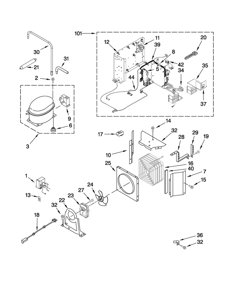 Upper Unit Parts Diagram and Parts List for JF42NXFXDW00  Jenn-Air Refrigerator