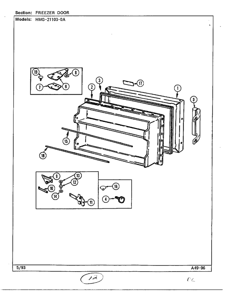 Freezer Door Diagram and Parts List for 21103-0A  Admiral Refrigerator