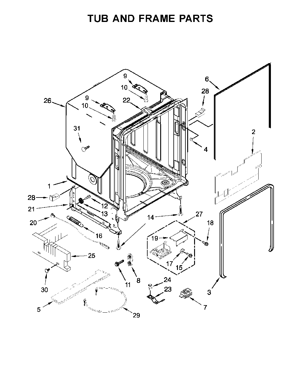 Tub And Frame Parts Diagram and Parts List for 66514792N511  Kenmore Dishwasher