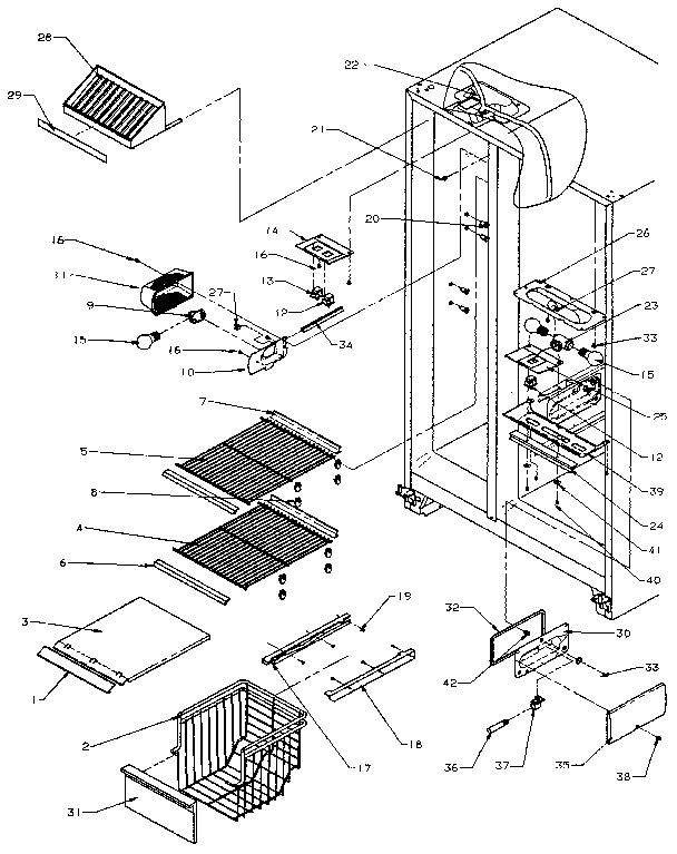 Freezer Shelving And Refrigerator Light Diagram and Parts List for SXD27N-P1162411W  Amana Refrigerator