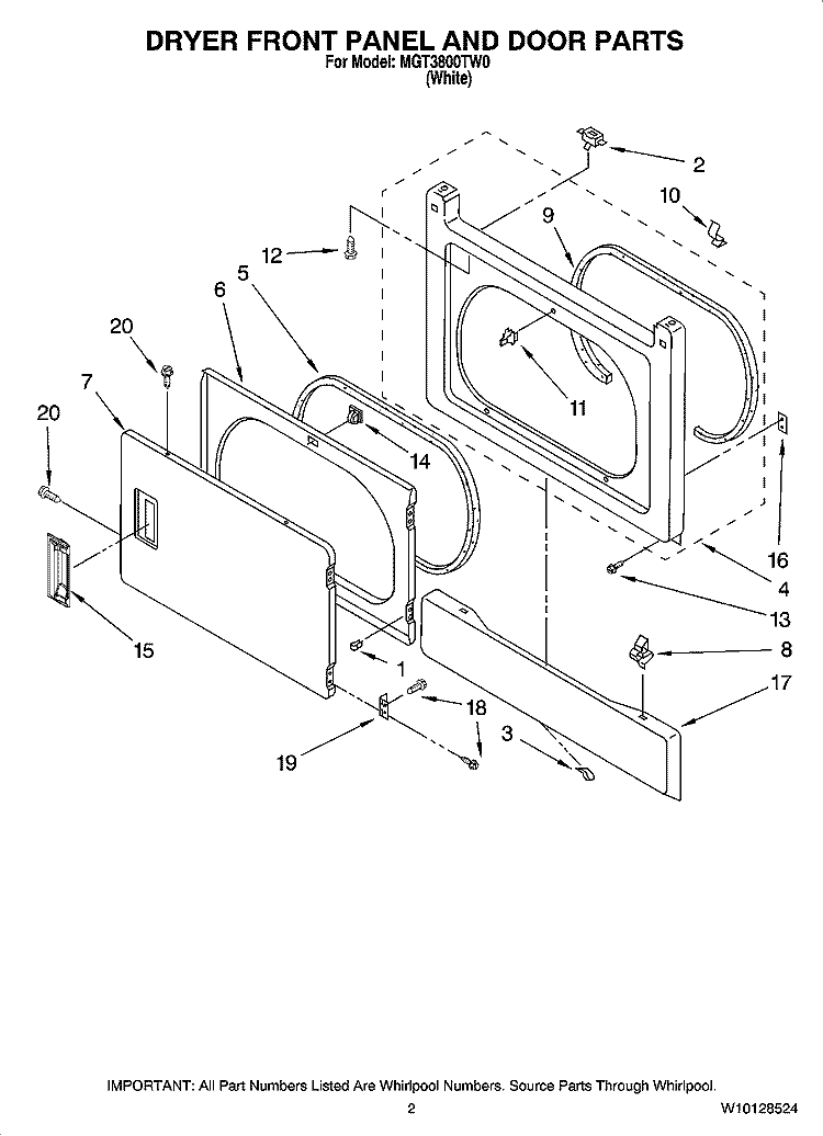 DRYER FRONT PANEL AND DOOR PARTS Diagram and Parts List for MGT3800TW0  Maytag Washer Dryer Combo