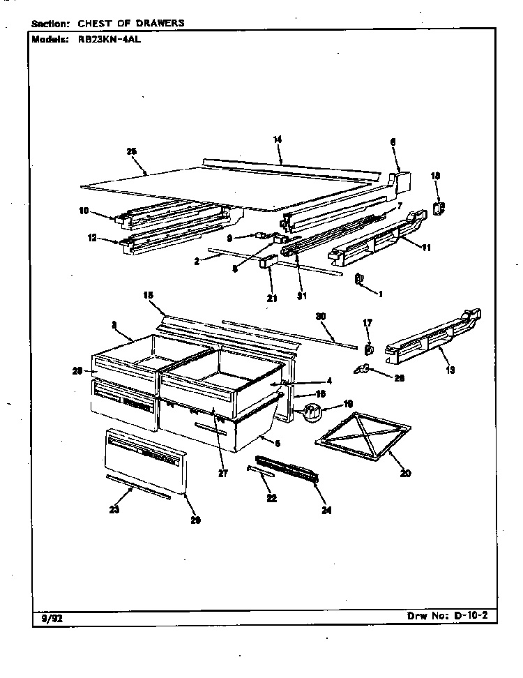 Chest Of Drawers Diagram and Parts List for RB23KA-4AL CG96A Magic Chef Refrigerator