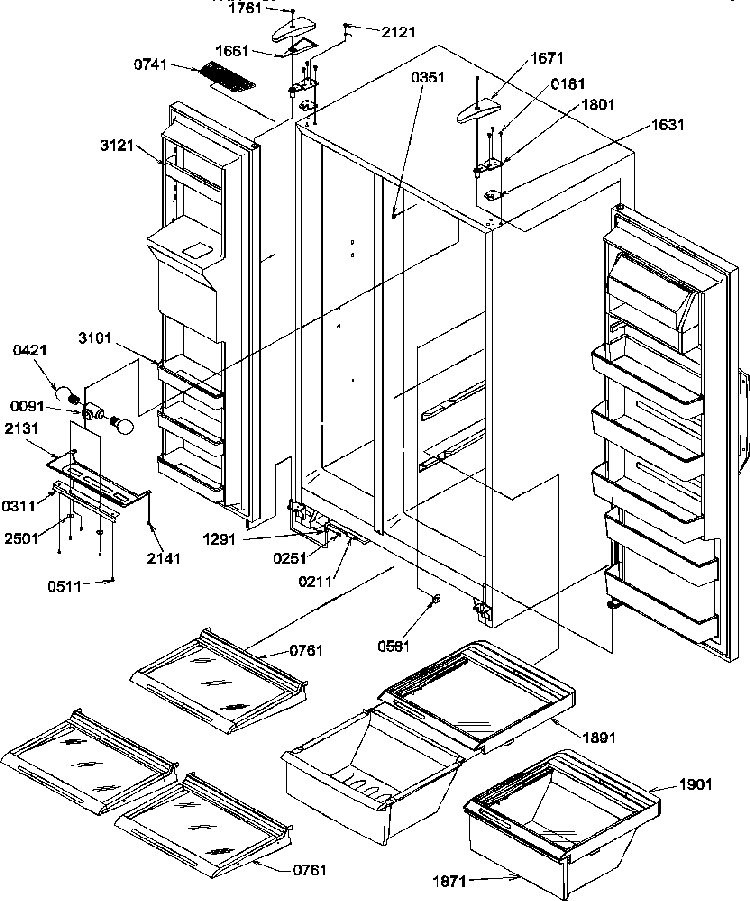 Refrigerator/freezer Shelves, Lights, And Hinges Diagram and Parts List for SCD25TL-P1190426WL  Amana Refrigerator