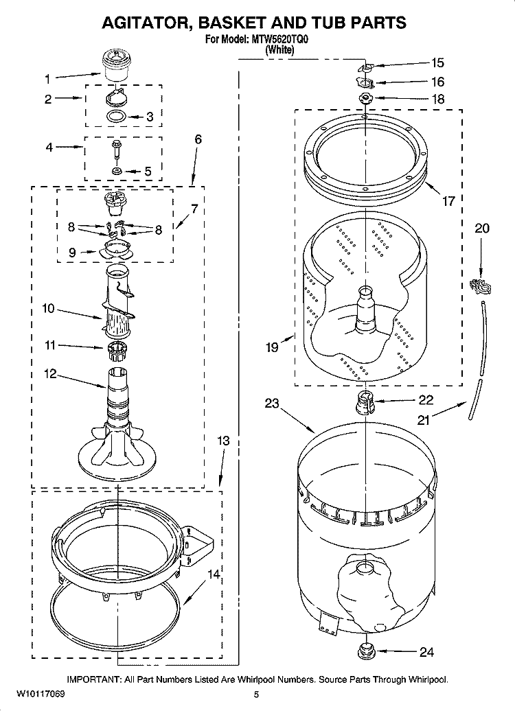 AGITATOR, BASKET AND TUB PARTS Diagram and Parts List for MTW5620TQ0  Maytag Washer