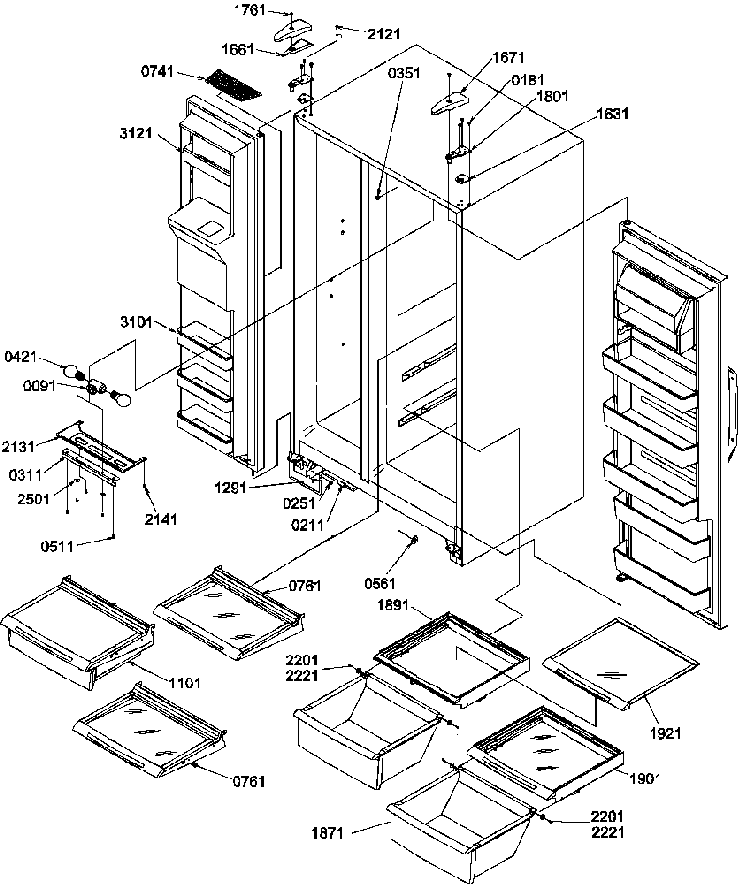 Refrigerator/freezer Shelves, Lights, And Hinges Diagram and Parts List for SXD25S2E-P1190421WE  Amana Refrigerator